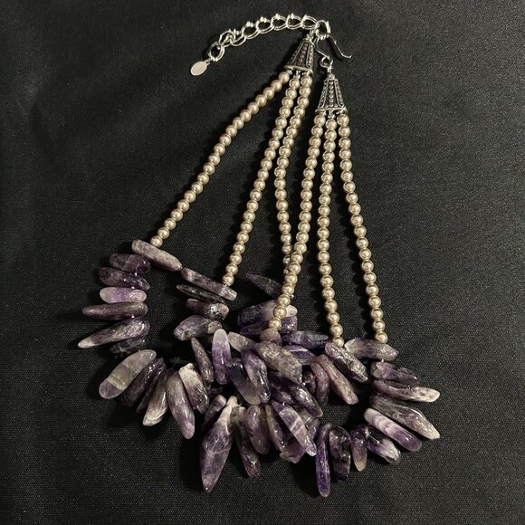 Ali Khan New York 3 Strands Amethyst Spikes Necklace Silver Tone & Purple Sz 16” - Picture 8 of 9